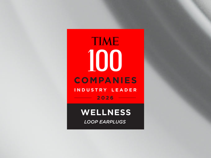 Red and black label with 'TIME 100 Companies Industry Leader 2026 Wellness Loop Earplugs' on a gray background